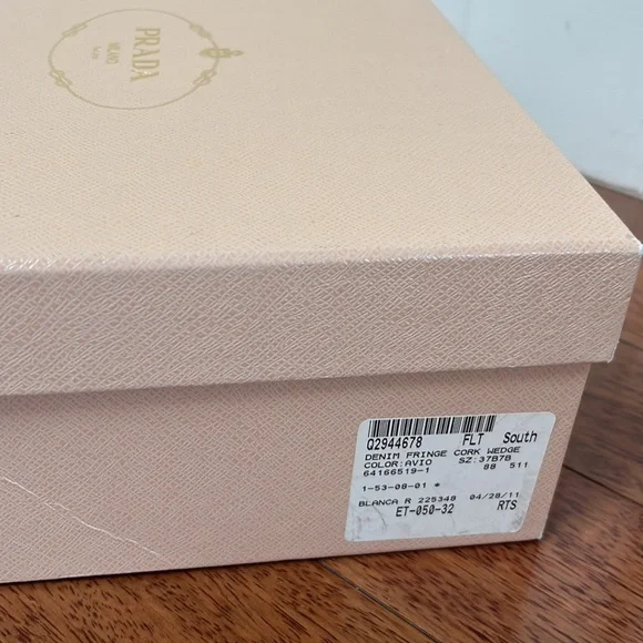 Prada | Denim Fringe Cork Wedges Size 37 Blue White Stitched - Picture 12 of 12